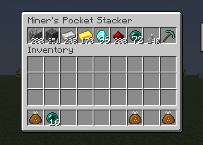 A Pocket Stacker holding large stacks of ores and blocks